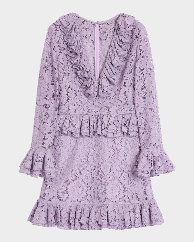 Ruffle V-Neck Long-Sleeve Heavy Lace Mini Dress